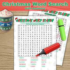 May include: A Christmas-themed word search puzzle with the title "Christmas Word Search with answers." The puzzle includes a list of Christmas-related words to find. A mug of hot chocolate with whipped cream is on the left.