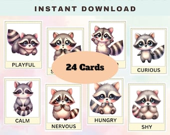 Puede incluir: Juego de 24 tarjetas didácticas de emociones con ilustraciones de mapaches. Cada tarjeta muestra un mapache expresando una emoción diferente, con etiquetas como "Juguetón", "Curioso" y "Tímido". El texto "Emotions Flashcards" y "Descarga instantánea" es visible.