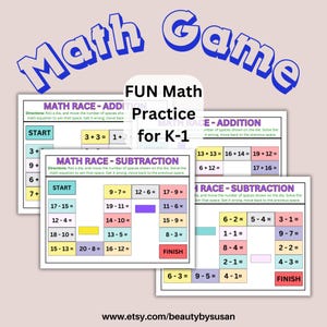 May include: A printable maths game for kindergarten and first grade pupils. The game features two different race tracks, one for addition and one for subtraction. Each track has a series of maths problems that pupils must solve to move their game piece along the track. The game is designed to help pupils practise their maths skills in a fun and engaging way.