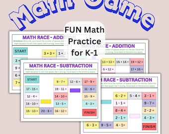 Puede incluir: Un juego de matemáticas imprimible para estudiantes de jardín de infantes y primer grado. El juego presenta dos pistas de carreras diferentes, una para la suma y otra para la resta. Cada pista tiene una serie de problemas matemáticos que los estudiantes deben resolver para mover su ficha a lo largo de la pista. El juego está diseñado para ayudar a los estudiantes a practicar sus habilidades matemáticas de una manera divertida y atractiva.