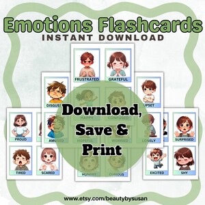 Flashcards de emoções para crianças – Ensine sentimentos e habilidades sociais com rostos divertidos e envolventes! | Download instantâneo | Aprenda inteligência emocional