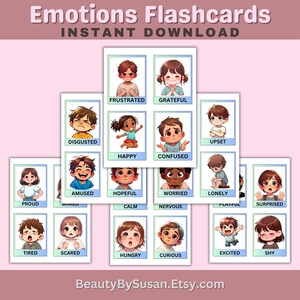 Flashcards de emoções para crianças – Ensine sentimentos e habilidades sociais com rostos divertidos e envolventes! | Download instantâneo | Aprenda inteligência emocional