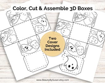 May include: Two printable 3D box templates featuring a ghost design. The boxes are ready to be colored, cut, and assembled. The text "Color, Cut & Assemble 3D Boxes" and "Two Cover Designs Included" is included on the image.