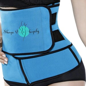 May include: A blue waist trainer with black trim and a zipper closure. The waist trainer has the text "Shape Me ShapeIy" printed on the front.