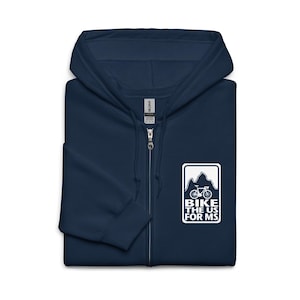 May include: A navy blue zip-up hoodie with a white graphic of a bicycle and the text "Bike the US for MS".