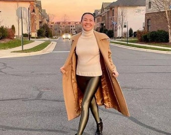 Womens Yoga Workout Pants Faux Leather Like Leather Leggings Olive Green