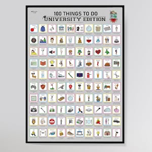 Op de afbeelding: Een zwart-witte poster met de titel "100 Dingen om te doen Universiteit Editie" en een lijst van 100 dingen om te doen op de universiteit, geïllustreerd met kleurrijke pictogrammen.