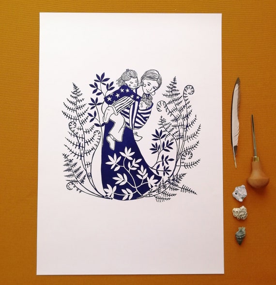 Linoldruck Mutterschaft 32x45 cm - Linoldruck Jugendstil - Linolschnitt blau - Original Kunstwerk signiert, Wohndekor Jugendstil Wohnkultur