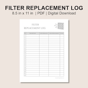 以下が含まれることがあります： フィルター交換ログの印刷可能なテンプレートで、フィルターの白黒イラストが描かれています。ログには、フィルター番号、説明、交換日、次回交換、残りの数などの列があります。ログのサイズは8.5インチ×11インチです。