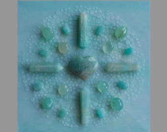 Crystal Grid Art: Ocean/Hawaii - CALMING / Crystals on Acrylic and Mixed Media on Wood Panel / 6 x 6 / Reiki Charged