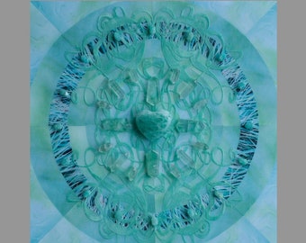 Crystal Grid Art: Blue Cacti - MIGHT / Crystal on Acrylic and Mixed Media on Wood Panel / 12 x 12 / Reiki Charged