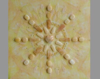 Crystal Grid Art: The Sun Illuminates - BEAMING / Crystals on Acrylic and Mixed Media on Wood Panel / 16 x 16 / Reiki Charged