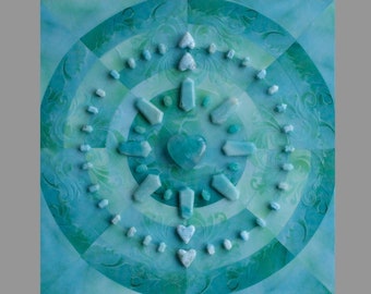 Crystal Grid Art: Blue Cacti - FORCE / Crystal on Acrylic and Mixed Media on Wood Panel / 12 x 12 / Reiki Charged