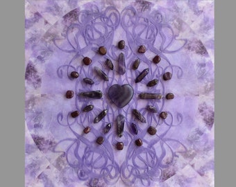 Crystal Grid Art: Purple Expression - SACRED / Crystals on Acrylic and Mixed Media on Wood Panel / 12 x 12 / Reiki Charged