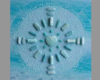 Crystal Grid Art: Ocean/Hawaii - REASSURING / Crystals on Acrylic and Mixed Media on Wood Panel / 12 x 12 / Reiki Charged