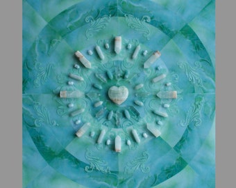 Crystal Grid Art: Blue Cacti - POWER / Crystal on Acrylic and Mixed Media on Wood Panel / 16 x 16 / Reiki Charged