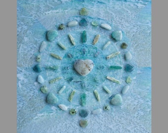 Crystal Grid Art: Ocean/Hawaii - AT PEACE / Crystals on Acrylic and Mixed Media on Wood Panel / 16 x 16 / Reiki Charged