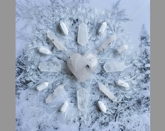 Crystal Grid Art: Winter Landscape - UNITY / Crystals on Acrylic and Mixed Media on Wood Panel / 8 x 8 / Reiki Charged