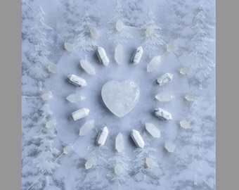 Crystal Grid Art: Winter Landscape - PEACE / Crystals on Acrylic and Mixed Media on Wood Panel / 8 x 8 / Reiki Charged