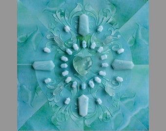 Crystal Grid Art: Blue Cacti - VIGOR / Crystal on Acrylic and Mixed Media on Wood Panel / 8 x 8 / Reiki Charged