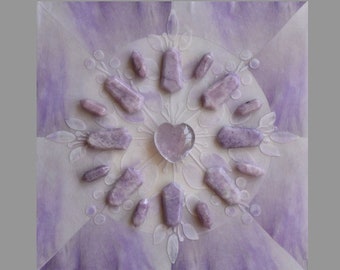 Crystal Grid Art: Purple Expression - BLESSED / Crystal on Acrylic and Mixed Media on Wood Panel / 8 x 8 / Reiki Charged
