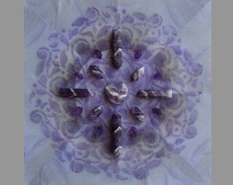 Crystal Grid Art: Purple Expression - SPIRITUAL / Crystals on Acrylic and Mixed Media on Wood Panel / 8 x 8 /Reiki Charged