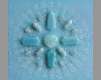 Crystal Grid Art: Ocean/Hawaii - SOOTHING / Crystals on Acrylic and Mixed Media on Wood Panel / 6 x 6 / Reiki Charged