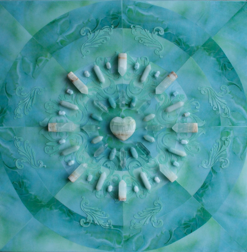 Crystal Grid Art: Blue Cacti POWER / Crystal on Acrylic and Mixed Media on Wood Panel / 16 x 16 / Reiki Charged image 2