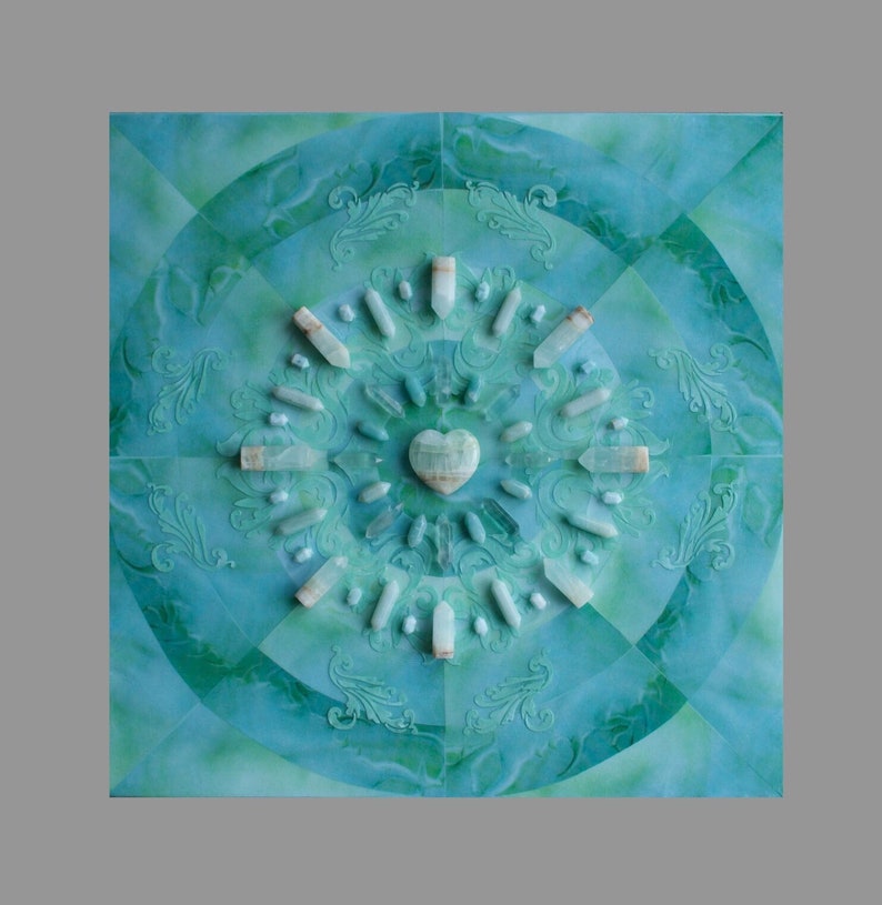 Crystal Grid Art: Blue Cacti POWER / Crystal on Acrylic and Mixed Media on Wood Panel / 16 x 16 / Reiki Charged image 1
