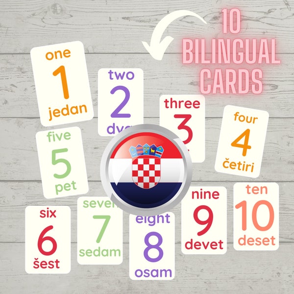 Bilingual; English to Croatian Flashcards;Number 1-10;Fun Learning;Homeschool Printables;Flash Cards For Kids; Teach  Education;PDF Download