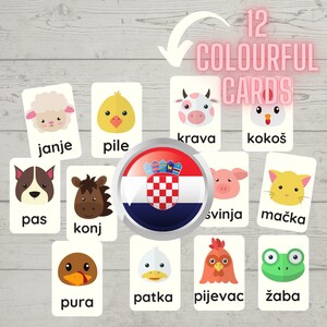 May include: Twelve colorful flashcards featuring animal illustrations and Croatian words. The animals include a sheep, chicken, cow, rooster, duck, pig, cat, frog, horse, dog, and a goose. The Croatian words are printed below each animal.