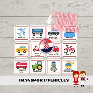 Veículos de transporte 12 Flashcards Croatas Divertido Aprendizagem Homeschool Imprimíveis Cartões Flash para Crianças Educação Imprimíveis PDF Download Ensinar