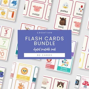 Paquete de 82 tarjetas didácticas bilingües croata-inglés; aprendizaje divertido; imprimibles escolares; tarjetas didácticas para niños; enseñanza educativa; descarga instantánea