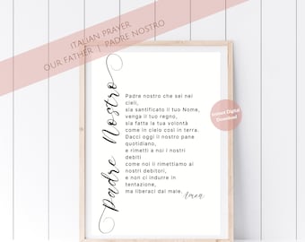 Padre Nuestro italiano Padre Nostro imprimible, descargable digital instantáneo; arte de pared religioso, decoración cristiana para el hogar, minimalista negro