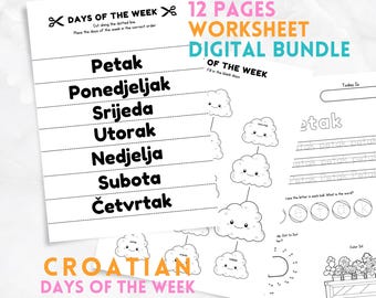 Kroatische dagen van de week-bundel tweetalige werkbladen; Afdrukbare schoolactiviteiten; Schrijfvaardigheid opsporen, leuke leeractiviteiten