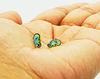 Fun seahorse stud earrings, cute sea animal handmade hypoallergenic jewelry, awesome as gifts !
