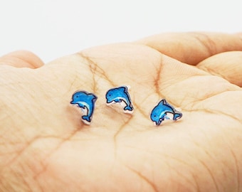 Cute Dolphin Stud Earrings, Whimsical unique quirky fun nautical sea animals, gift for girls, hypoallergenic handmade jewellery,