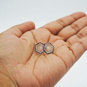 Könnte beinhalten: Ein Paar kleiner, geometrischer Ohrstecker. Jeder Ohrring hat eine schwarze Umrandung einer sechseckigen Form mit einem Innendesign. Die Ohrringe werden auf einer hellhäutigen Hand vor weißem Hintergrund gezeigt.