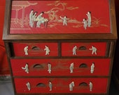 Vintage Red Chinoiserie Drop Front Secretary Desk