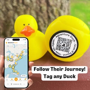 May include: Two bright yellow rubber ducks with orange beaks. One duck shows a circular white sticker on its base featuring a QR code, the text "Adventure Duck - Scan If Found - Hide Me Again," and a small duck icon. A smartphone displays a map.