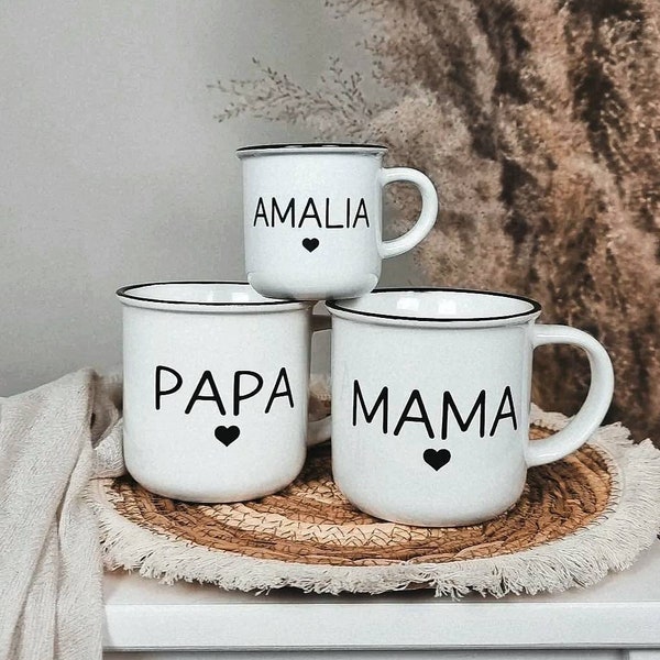 Familientassen personalisiert | Emaille-Optik | 300ml Kaffeetasse | 125ml Espressotasse | Tasse | Tasse Keramik | Geschenkidee | Geburtstag