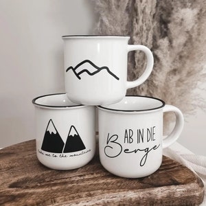 Personalized mug with mountain motif & name | Gift for campers | Hiking mug | Mountain love mug | Personalized enamel mug | Mountain motif