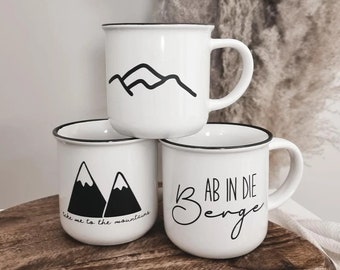 Personalized mug with mountain motif & name | Gift for campers | Hiking mug | Mountain love mug | Personalized enamel mug | Mountain motif