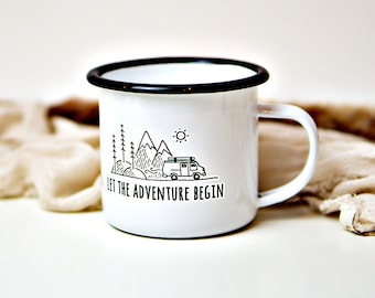 Tasse personalisiert Adventure | Emailletasse Camper | 300ml Kaffeetasse | Camping | Geschenkidee | Geburtstag | Familien Urlaub | Adventure