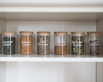 Personalisierte Gewürzdosen Glas mit Holzdeckel | Vorratsgläser mit Bambusdeckel | Küchenorganisation | Vorratshaltung | Geschenk Einweihung