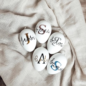 Op de afbeelding: Vijf witte eieren met verschillende namen erop geschreven in zwarte, gouden en blauwe letters. De namen zijn Jessi, Sienna, Silva, Lady en Samu.