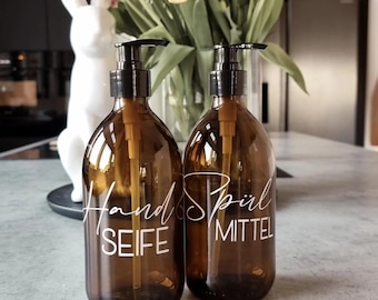 Seifenspender Glas braun personalisiert | Braunglas 250 ml – 1000 ml | Badezimmer | Geschenk Küche | nachfüllbar | Handbeschriftet