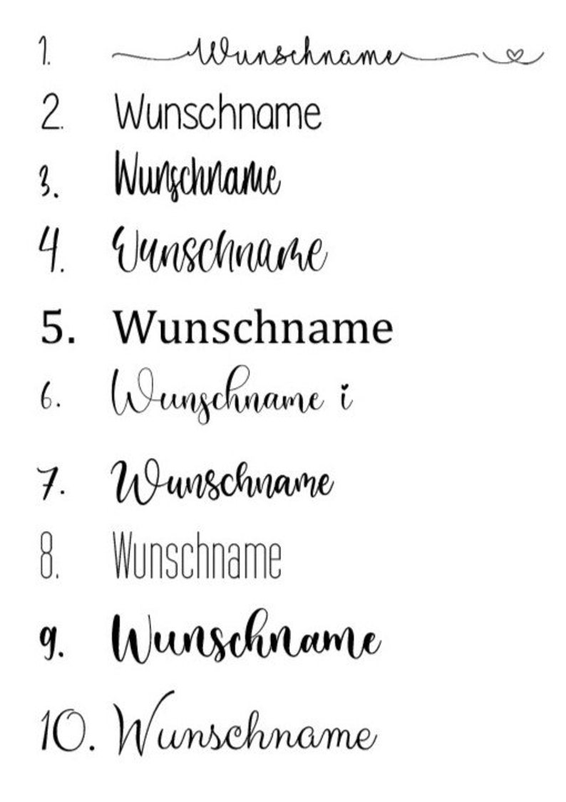 May include: A list of ten numbered items, each with the word "Wunschname" written in cursive script.