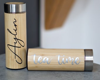 Personalized thermos drinking bottle in bamboo look glued on vacuum bottle
