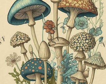 Impresión artística de hongos botánicos de 5 x 7 pulgadas